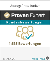 ProvenExpert-Siegel der Umzugsfirma Junker mit Kundenbewertungen und 1.615 Bewertungen.