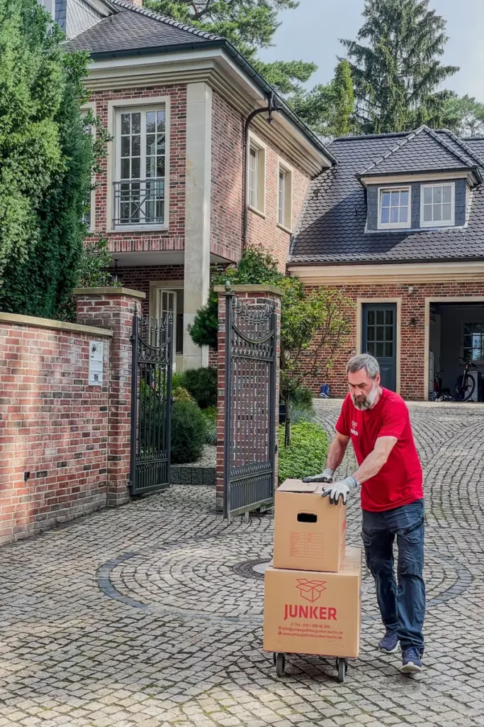 Umzugshelfer der Umzugsfirma Junker transportiert Umzugskartons mit Sackkarre durch den Innenhof.